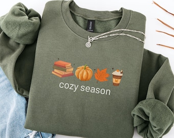 Cozy Season Sweatshirt Books Lover Fall Gift Womens Pumpkin Season Shirt Cute Pumpkin Shirt Autumn Leaf Shirt Fall Coffee Latte Shirt