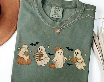 Retro bokinspirerade spöken Comfort Colors® lässpöke-t-shirt höstsäsongströja läskig halloween-t-shirt höstvibbar söt spöke-tröja