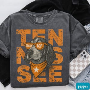 May include: Charcoal grey sweatshirt featuring the word "TENNESSEE" in distressed orange lettering. The design includes a dog wearing sunglasses and an orange bandana. The sunglasses read "ROCKY TOP."