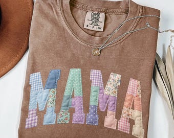 Comfort Colors® Custom Patchwork Style Floral Mama T-shirt Grandma Core Shirt Faux Embroidered Mom Tee Varsity Mom Tee Quilt Patchwork Mama