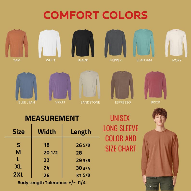 Puede incluir: Una tabla de colores para camisetas unisex de manga larga, con colores como Yam, Blanco, Negro y Azul Vaquero. La tabla incluye una gu&iacute;a de tallas con medidas en cm, y el texto "Comfort Colors".