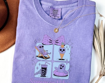 Comfort Colors® Sommarvibbar-t-shirt med spöken, skelett- och strandvibbar, sommart-shirts för Halloween-älskare, het spöksommar