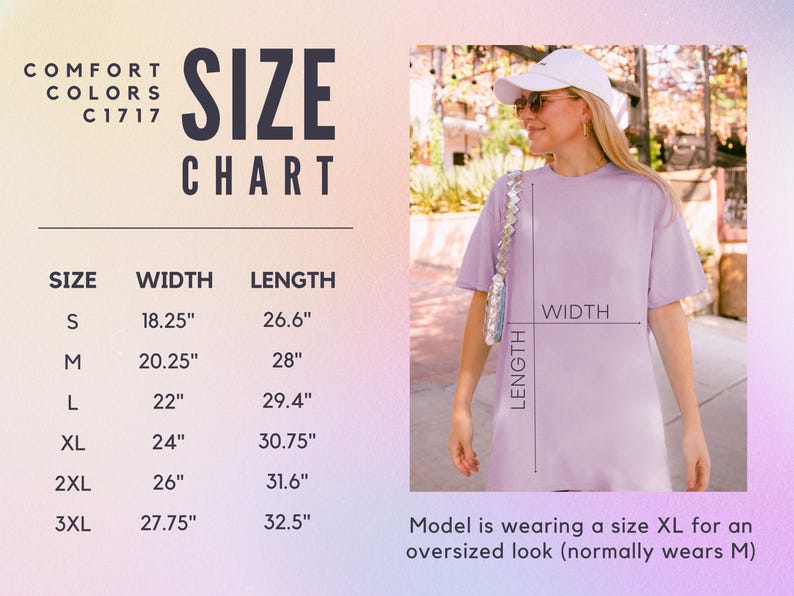 Op de afbeelding: Maattabel voor Comfort Colors C1717 t-shirts, met afmetingen in inches. De tabel bevat maten S tot 3XL, met bijbehorende breedte- en lengtematen. Een vrouw draagt een lavendelkleurig t-shirt, maat XL.
