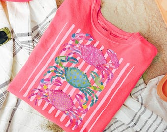Comfort Colors® Striped Coastal Crab Shirt Crab Graphic Tee Beach Vibes Nautical T-shirt Summer Vacation Gift Tropical T-shirt