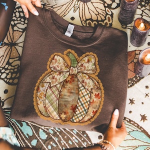Op de afbeelding: Een bruine sweatshirt met een pompoenontwerp. De pompoen is versierd met een patchwork van herfstthema's, waaronder bladeren en ruitjes. Het ontwerp is omlijnd met een decoratieve rand. De sweatshirt wordt door handen vastgehouden.