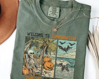 Comfort Colors® Summerween Ghost Shirt Summer Vibes T-shirt Skeleton Beach Vibes Shirt Summer Tees for Halloween Lover Retro Summer Shirt
