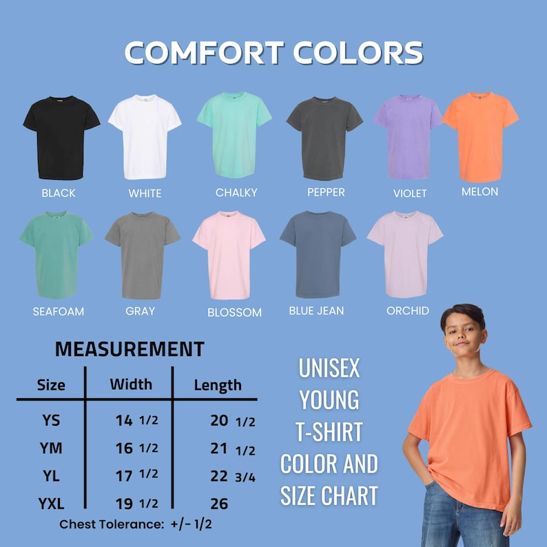 Puede incluir: Una tabla de colores para camisetas unisex juveniles, con varios colores como negro, blanco y mel&oacute;n. La tabla incluye una gu&iacute;a de medidas con tallas y dimensiones en cm, y el texto "COMFORT COLORS". Una persona joven lleva una camiseta color mel&oacute;n.