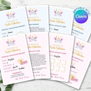 Druckbare bearbeitbare Bundle Zahnfee, Brief, Zertifikat, Quittung, Treuekarte, verlorene Zahnnote, rosa blaue Canva-Vorlage, Mädchen und Junge