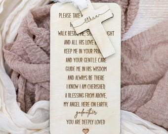 Custom Godparent Prayer Card with Engraved Cross, Baptism Gift for Godmother or Godfather, Keepsake from Godchild, Wooden Blessing Tag