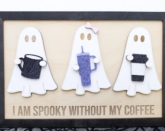 Spooky Coffee Bar Décor – Ghosts with Coffee Cups Wooden Halloween Sign