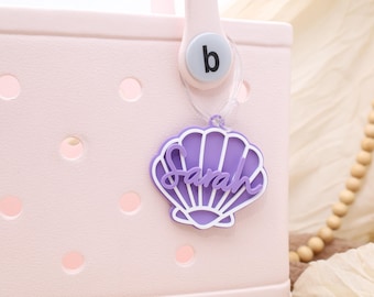 Personalized Seashell Name Tag for Beach Bags, Acrylic Bogg Bag Charm, Custom Summer Tote Accessory for Girls, Seashell Name Charm for Kids