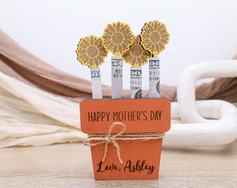 Personalized Grandma's Garden Sunflower Money Holder, Gift For Mom, Custom Sunflower Pot With Kids Name Cash Holder, Mother's Day Gift