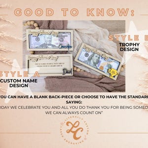 May include: Wooden Father's Day gift boxes with a $100 bill design. Style A features custom names like "Grandpa" and "Dad." Style B includes a trophy design. The boxes are laser engraved with the text "Happy Father's Day."