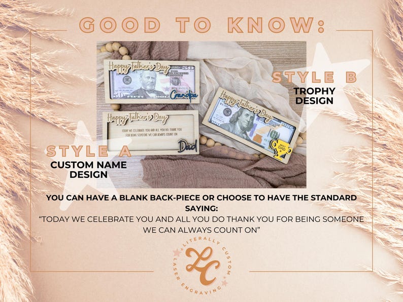 May include: Wooden Father's Day gift boxes with a $100 bill design. Style A features custom names like "Grandpa" and "Dad." Style B includes a trophy design. The boxes are laser engraved with the text "Happy Father's Day."