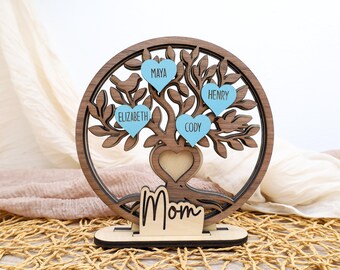 Personalized Family Tree Gift, Wooden Heart Shaped Name Cutouts, Custom Mom Gift, Grandma Decor, Anniversary Keepsake, Custom Family Plaque