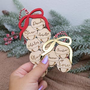 Personalized Family Bell Ornament – Stacked Wooden Bells with Acrylic Bow