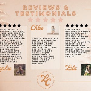 May include: Three customer reviews for a custom engraving business. The reviews are positive and highlight the quality of the products, the attention to detail, and the excellent customer service. The reviews are accompanied by photos of the customers.
