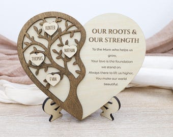 Op de afbeelding: Houten hartvormige stamboom met de namen Hunter, Nathan, Thomas en Evan op hartvormige bladeren. De tekst "OUR ROOTS & OUR STRENGTH" wordt weergegeven, samen met een gedicht. De boom staat op een standaard.