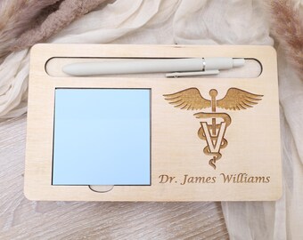 Vet Personalized Wooden Stationery Holder, Custom Vet Notepad, Vet Appreciation Gift, Vet Student Gift, Office Decor, Engraved Caduceus Gift