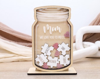 Wooden Mother’s Day Gift, Personalized Name Gift for Mom, Wooden Jar of Mum With Puzzle Pieces, Gift for Mother’s Day, Unique Gift for Mom