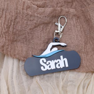 Custom Swim Team Keychain, Swimmer Name Tag, Swim Coach Gift, Swimming Accessories, Swim Bag Tag, High School Swim Gift, Team Spirit Gift