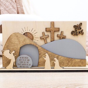 Resurrection Scene Easter Decoration, Angel and Women at the Empty Tomb, Christian Home Decor, He Is Risen Sign, Wooden Faith Based Gift