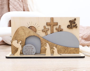 Resurrection Scene Easter Decoration, Angel and Women at the Empty Tomb, Christian Home Decor, He Is Risen Sign, Wooden Faith Based Gift