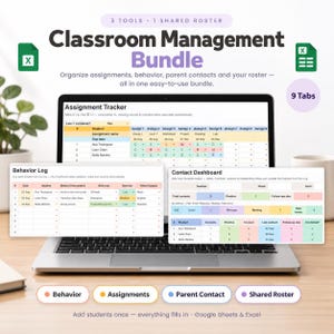 May include: A digital classroom management bundle for Google Sheets and Excel featuring an assignment tracker, behavior log, and contact dashboard. The interface displays student names, dates, and color-coded status columns for tracking.