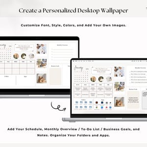 K&ouml;nnte beinhalten: Zwei Laptops zeigen ein personalisiertes Desktop-Hintergrundbild mit Kalender, To-Do-Liste und Gesch&auml;ftszielen. Der Text lautet: &bdquo;Erstellen Sie ein personalisiertes Desktop-Hintergrundbild&ldquo; und &bdquo;Passen Sie Schriftart, Stil, Farben an und f&uuml;gen Sie Ihre eigenen Bilder hinzu&ldquo;.