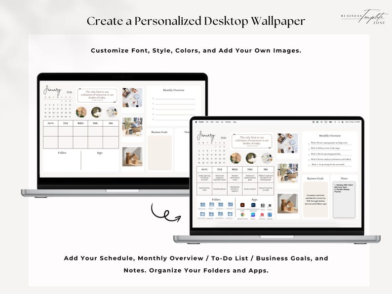 K&ouml;nnte beinhalten: Zwei Laptops zeigen ein personalisiertes Desktop-Hintergrundbild mit Kalender, To-Do-Liste und Gesch&auml;ftszielen. Der Text lautet: &bdquo;Erstellen Sie ein personalisiertes Desktop-Hintergrundbild&ldquo; und &bdquo;Passen Sie Schriftart, Stil, Farben an und f&uuml;gen Sie Ihre eigenen Bilder hinzu&ldquo;.