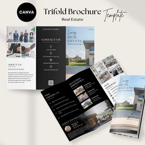 Op de afbeelding: Een drievoudige brochure sjabloon voor onroerend goed, met een zwart-wit ontwerp. De brochure bevat afbeeldingen van eigendommen en tekst, met secties voor contactgegevens, aanbevolen eigendommen en getuigenissen van klanten. Het Canva-logo is zichtbaar.