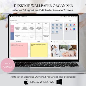 Peut inclure: Un ordinateur portable affiche un organisateur de fond d'écran de bureau avec des sections d'horaire, de liste de tâches et d'objectifs. L'écran montre 8 mises en page et 147 icônes de dossiers en 7 couleurs. Le texte dit "Edit in Canva" et "Perfect for Business Owners, Freelancer and Everyone!"