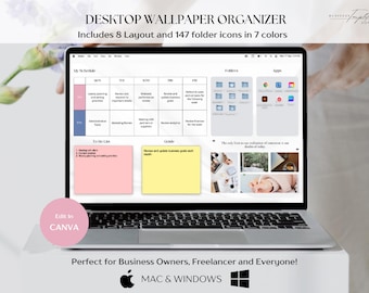 Desktop Organizer Wallpaper, Wöchentlicher Arbeits- und Schulplaner, Benutzerdefinierter Digitaler Planer Sticky Notes, Ordnersymbol, Mac & Windows