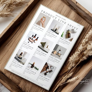 Peut inclure: Une feuille de présentation de ligne de produits avec un fond beige et du texte noir. La feuille liste neuf articles différents avec leurs noms, codes, ingrédients et prix de gros. Chaque article est représenté par une photo du produit.