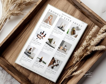 May include: A product line sheet with a beige background and black text. The sheet lists nine different items with their names, codes, ingredients, and wholesale prices. Each item is represented by a photo of the product.
