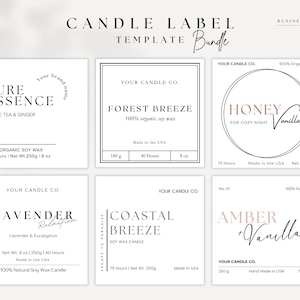 Puede incluir: Un paquete de plantillas de etiquetas de velas con seis diseños diferentes. Cada etiqueta presenta un diseño minimalista con texto como "Pure Essence", "Forest Breeze" y "Honey Vanilla". Las etiquetas incluyen detalles como aroma, tipo de cera y tiempo de combustión.
