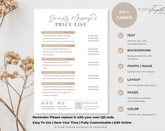 Editable Massage Price List Template, Printable Service Business