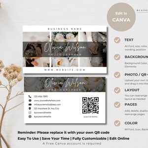 May include: A white business card template for a photographer with a photo of a wedding couple and flowers. The text on the card reads "Olivia Wilson Photographer" and includes a website address, phone number, and social media icons. The card also includes a QR code that can be scanned for more information.