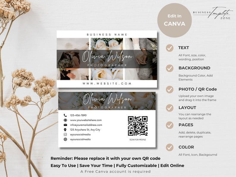 May include: A white business card template for a photographer with a photo of a wedding couple and flowers. The text on the card reads "Olivia Wilson Photographer" and includes a website address, phone number, and social media icons. The card also includes a QR code that can be scanned for more information.