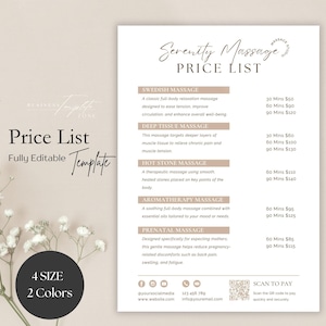 May include: A beige and brown price list for Serenity Massage services. The list includes Swedish, Deep Tissue, Hot Stone, Aromatherapy, and Prenatal massage options with prices for 30, 60, and 90 minute sessions. The list also includes contact information and a scan to pay QR code.