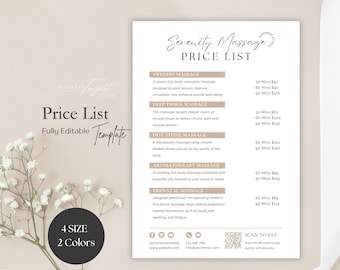 Editable Massage Price List Template, Printable Service Business Pricing Guide Sheet, Editable Canva Menu Flyer Template 5x7 US Letter A4 A5