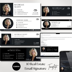 Puede incluir: Un conjunto de 10 plantillas de firma de correo electrónico para bienes raíces en blanco y negro. Cada plantilla presenta una foto de una mujer, información de contacto e iconos de redes sociales. La palabra "CANVA" es visible.