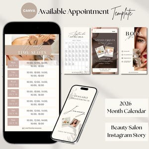 Puede incluir: Plantilla de diseño digital para un salón de belleza, que muestra la disponibilidad de citas y un calendario mensual de 2026. El diseño incluye maquetas de pantallas de teléfonos móviles que muestran franjas horarias e información de reservas. La paleta de colores es neutra con tonos beige y marrón.