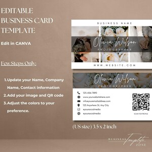 May include: Editable business card template for photographers. The template features a white background with black text and a QR code. The text includes the photographer's name, website, phone number, and social media handles. The template is 3.5 inches by 2 inches.