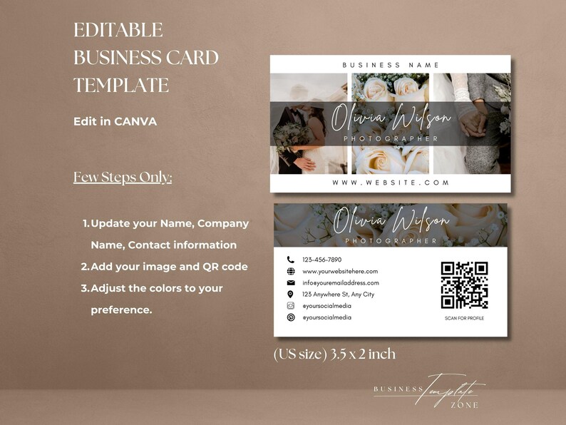 May include: Editable business card template for photographers. The template features a white background with black text and a QR code. The text includes the photographer's name, website, phone number, and social media handles. The template is 3.5 inches by 2 inches.