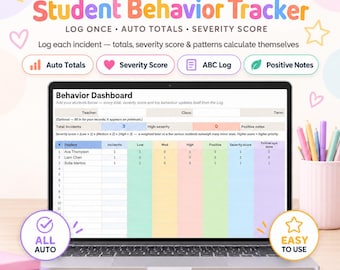 Hoja de cálculo de Google para el seguimiento del comportamiento del alumno, registro de comportamiento en el aula, registro de incidentes, tabla de gravedad y ABC, hoja de cálculo para la documentación del profesor.