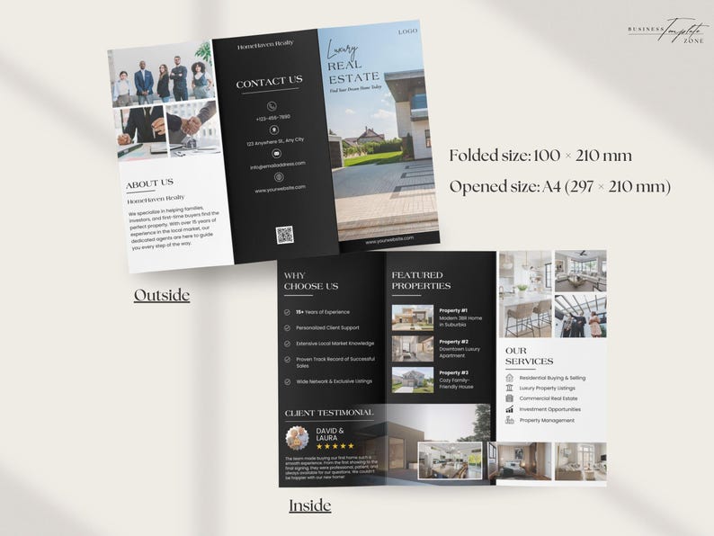 Real estate tri-fold brochure showing exterior panels and interior property listings