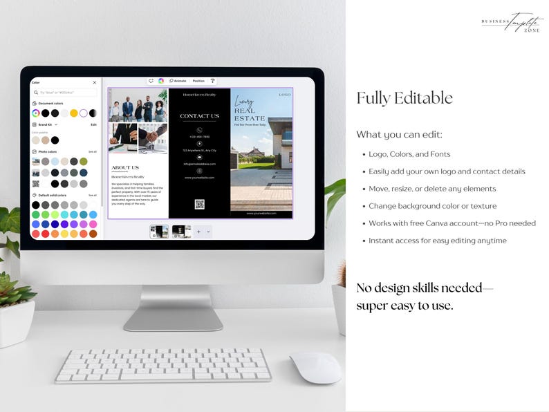 Real estate brochure design displayed on a desktop screen with editable layout controls