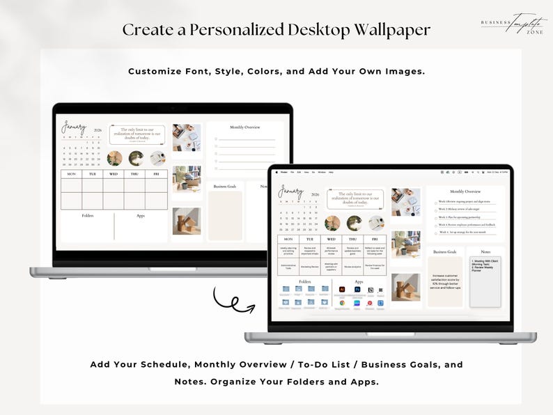 Desktop Organizer Wallpaper 2026 For Business, Weekly Schedule Planner, Monthly Calendar, Folder Icon, Digital Sticky Notes, Mac & Windows
