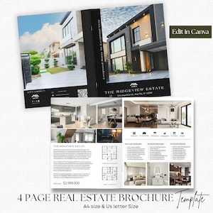 May include: A 4-page real estate brochure template featuring a modern home on the cover. The brochure includes interior and exterior photos, floor plans, and feature details. Text includes "The Ridgeview Estate" and "Edit in Canva."